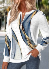 White Geometric Print Zipper Long Sleeve Round Neck Sweatshirt | thumb picture 