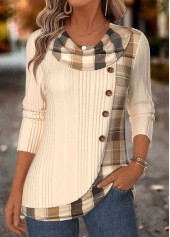 Beige Plaid Patchwork Long Sleeve Draped Neck T Shirt