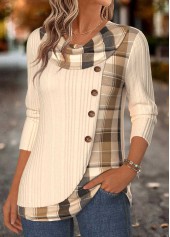 Beige Plaid Patchwork Long Sleeve Draped Neck T Shirt | thumb picture 