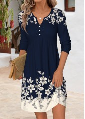 Navy Floral Print Tummy Coverage Long Sleeve Dress