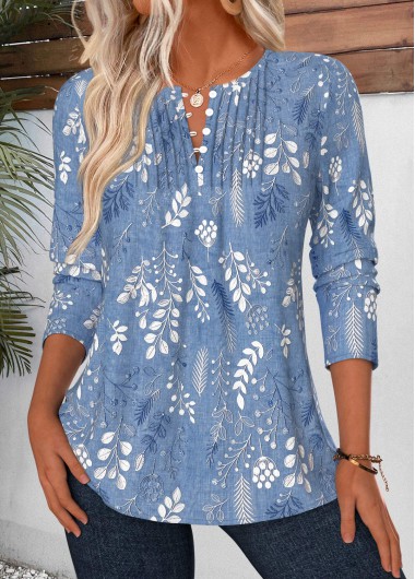 women clothes image of Blue Leaf Print Tuck Stitch Long Sleeve Blouse