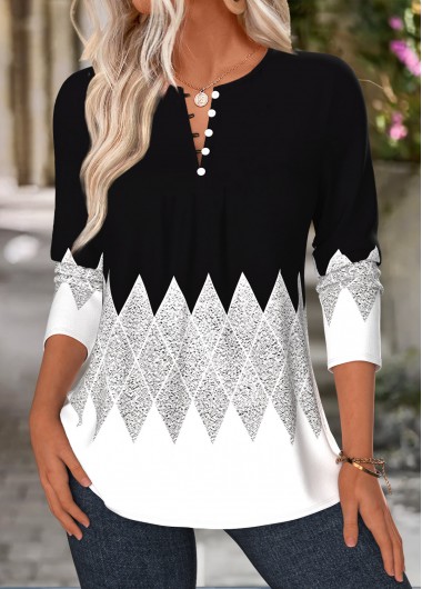 women clothes image of Black Geometric Print Tuck Stitch Long Sleeve T Shirt
