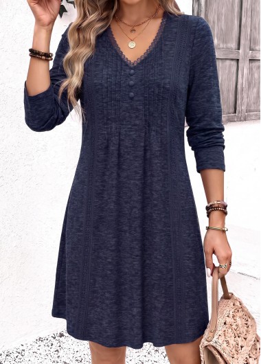 women clothes image of Navy Short Tuck Stitch Long Sleeve V Neck Dress