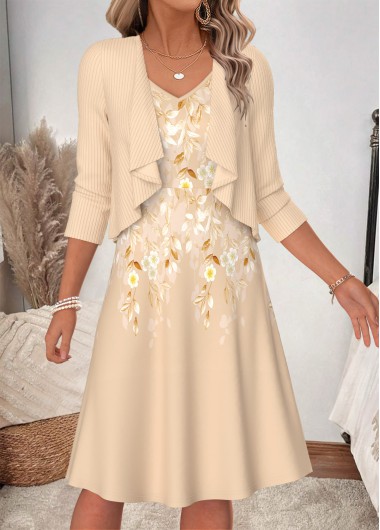 women clothes image of Beige Floral Print Two-piece Long Sleeve Dress and Cardigan