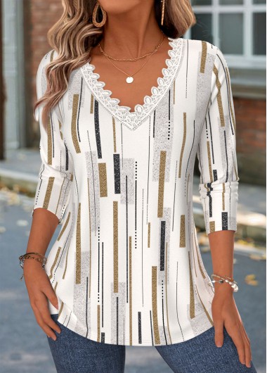 women clothes image of Light Camel Geometric Print Patchwork Long Sleeve T Shirt
