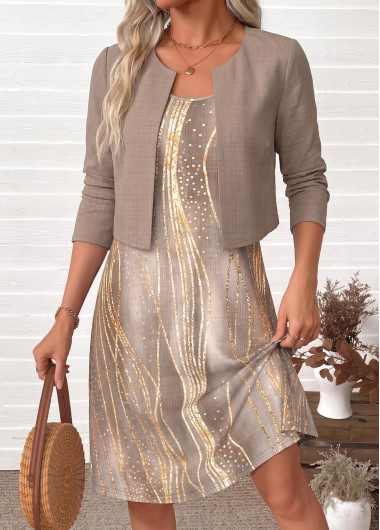 women clothes image of Light Camel Ombre Two-piece Long Sleeve Dress and Cardigan
