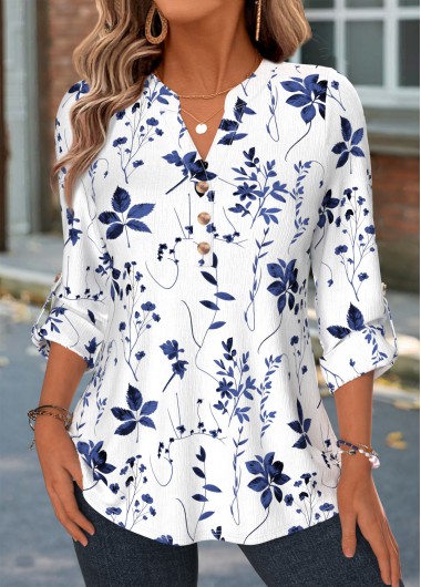 women clothes image of Blue Floral Print Curved Hem Long Sleeve Shirt