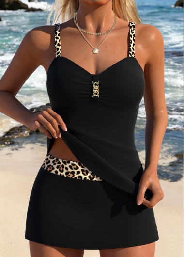women clothes image of Black Mid Waisted Two-piece Leopard Tankini Set