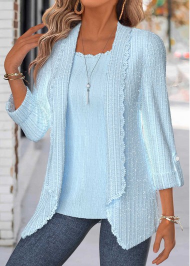 women clothes image of Light Blue 3/4 Sleeve Fake Two Piece Twinset