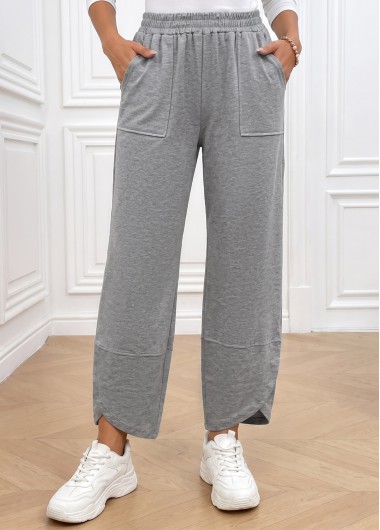 women clothes image of Light Grey Straight Leg Elastic Waist High Waisted Pants