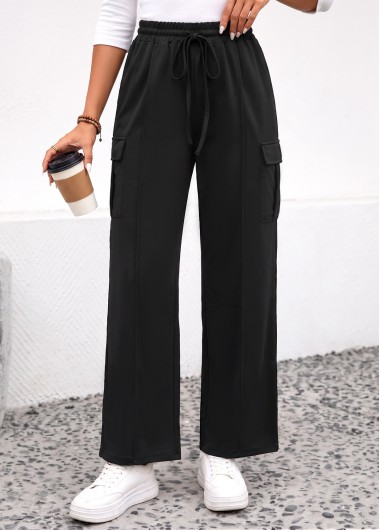 women clothes image of Black Straight Leg Elastic Waist High Waisted Pants