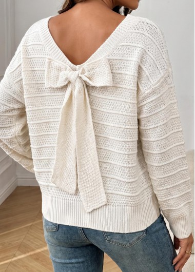 women clothes image of Beige Bowknot Long Sleeve Round Neck Sweater
