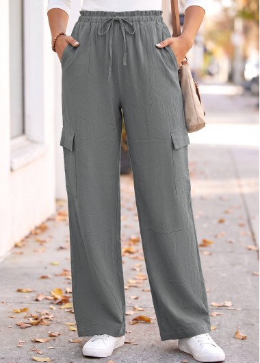 women clothes image of Dark Grey Straight Leg Elastic Waist High Waisted Pants