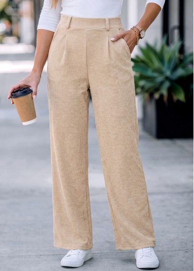 women clothes image of Light Coffee Straight Leg Elastic Waist High Waisted Pants