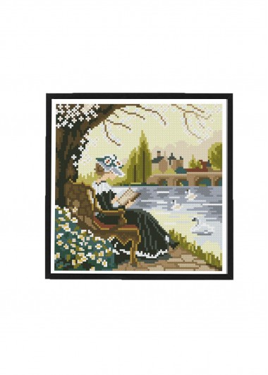 women clothes image of Lakeside Solitude Reading Lady Cross Stitch Kit Beginner Friendly