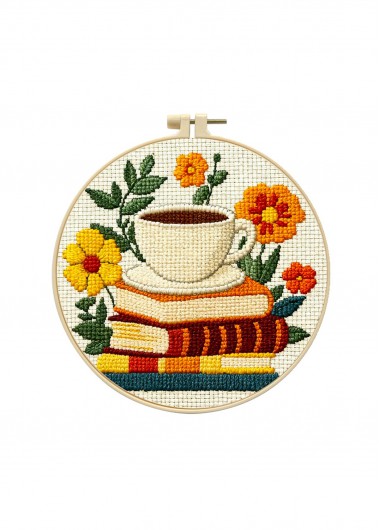 women clothes image of Coffee and Books Cross Stitch Kit Beginner Friendly
