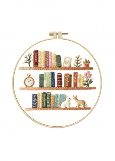 women clothes image of Cats and Bookshelf Embroidery Kit Beginner Friendly