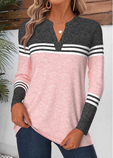 women clothes image of Pink Geometric Print Curved Hem Long Sleeve T Shirt