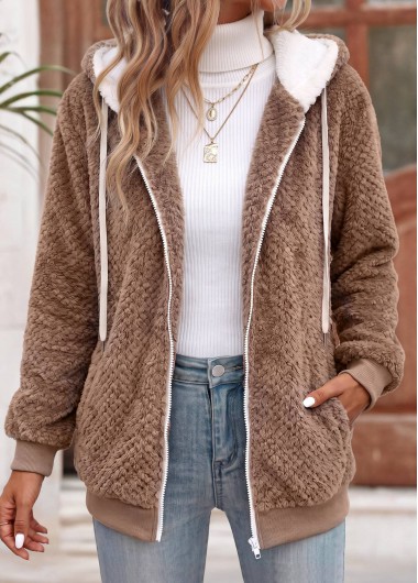 women clothes image of Dark Coffee Lace Up Long Sleeve Hooded Coat
