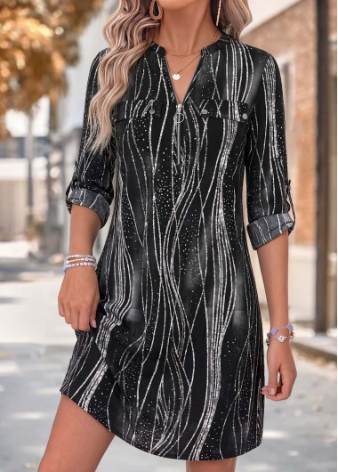 women clothes image of Black Marble Print Short Patch Pocket Long Sleeve Dress