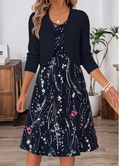 women clothes image of Navy Floral Print Two-piece Long Sleeve Dress and Cardigan
