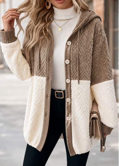women clothes image of Light Camel Patchwork Long Sleeve Hooded Coat