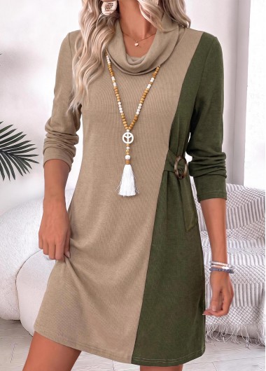 women clothes image of Light Camel Short Patchwork Long Sleeve Cowl Neck Dress
