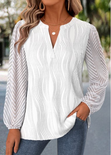 women clothes image of White Patchwork Long Sleeve Split Neck Blouse