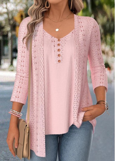 women clothes image of Pink 3/4 Sleeve Fake Two Piece Twinset