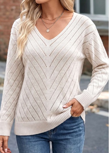 women clothes image of Beige Long Sleeve V Neck Sweater