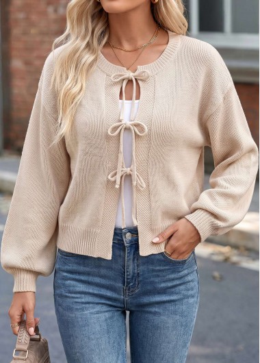 women clothes image of Beige Bowknot Long Sleeve Round Neck Sweater