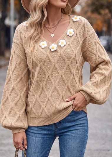 women clothes image of Light Coffee Tummy Coverage Long Sleeve V Neck Sweater
