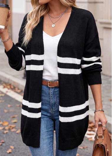 women clothes image of Black Striped Tummy Coverage Long Sleeve Sweater