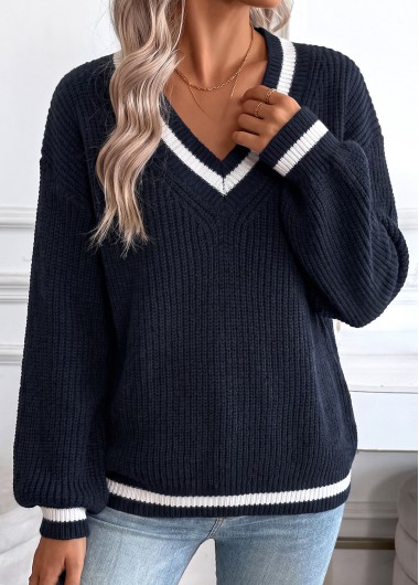 women clothes image of Navy Tummy Coverage Long Sleeve V Neck Sweater