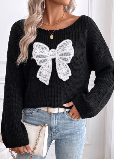 women clothes image of Black Bowknot Long Sleeve Round Neck Sweater