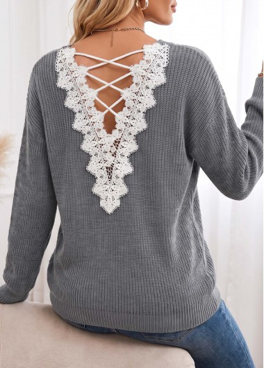 women clothes image of Grey Tummy Coverage Long Sleeve V Neck Sweater