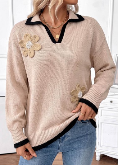 women clothes image of Light Coffee Long Sleeve Turn Down Collar Sweater