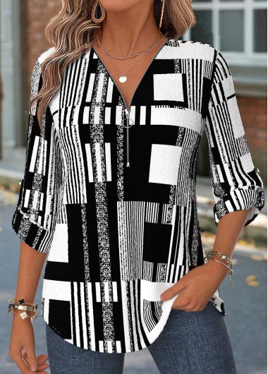 women clothes image of Black Geometric Print Curved Hem 3/4 Sleeve Blouse
