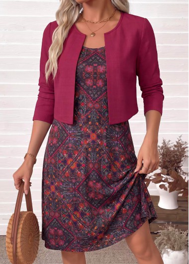 women clothes image of Wine Red Tribal Print Two-piece Dress and Cardigan