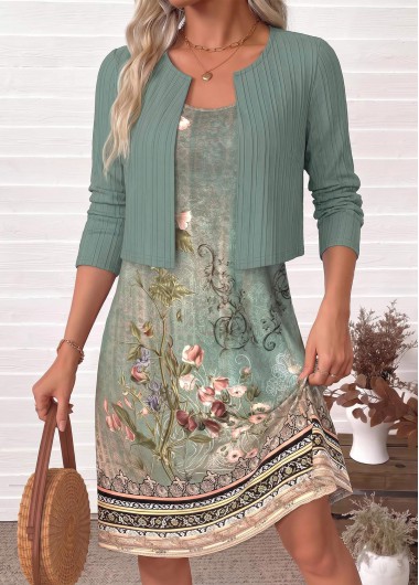women clothes image of Turquoise Random Floral Print Two-piece Dress and Cardigan