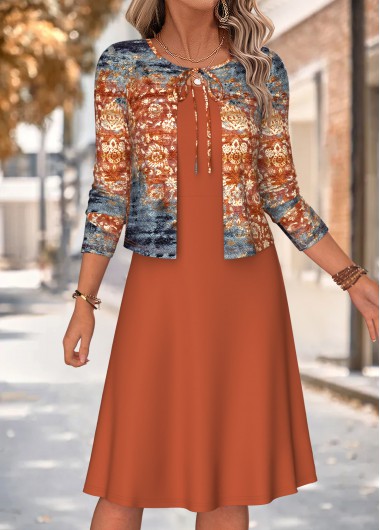 women clothes image of Terracotta Random Floral Print Two-piece Dress and Cardigan