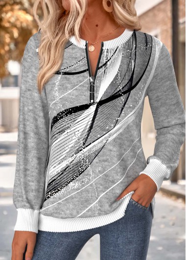 women clothes image of Light Grey Marl Geometric Print Zipper Long Sleeve Sweatshirt