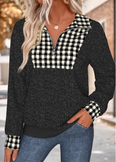 women clothes image of Dark Grey Marl Gingham Print Patchwork Long Sleeve Sweatshirt