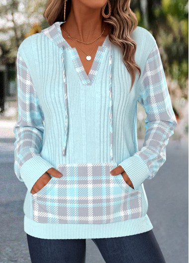 women clothes image of Light Blue Plaid Patchwork Long Sleeve Round Neck Sweatshirt