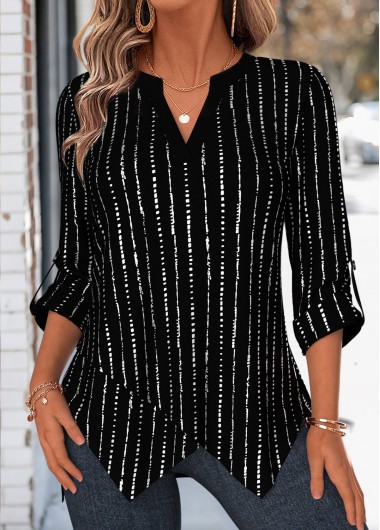 women clothes image of Black Striped Handkerchief Hem 3/4 Sleeve Split Neck Blouse