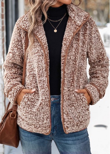 women clothes image of Light Coffee Double Side Pockets Long Sleeve Coat