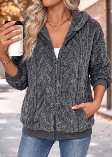 women clothes image of Dark Grey Double Side Pockets Long Sleeve Hooded Coat