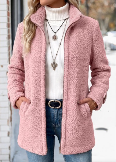 women clothes image of Pink Double Side Pockets Long Sleeve Coat
