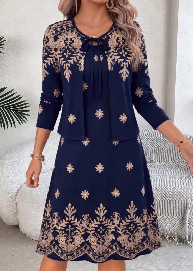 women clothes image of Navy Tribal Print Two-piece Long Sleeve Dress and Cardigan