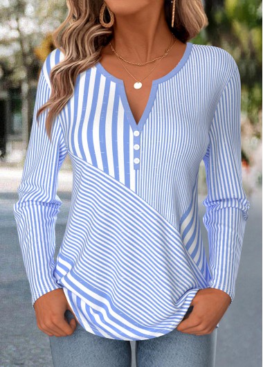 women clothes image of Blue Striped Button Long Sleeve Split Neck T Shirt